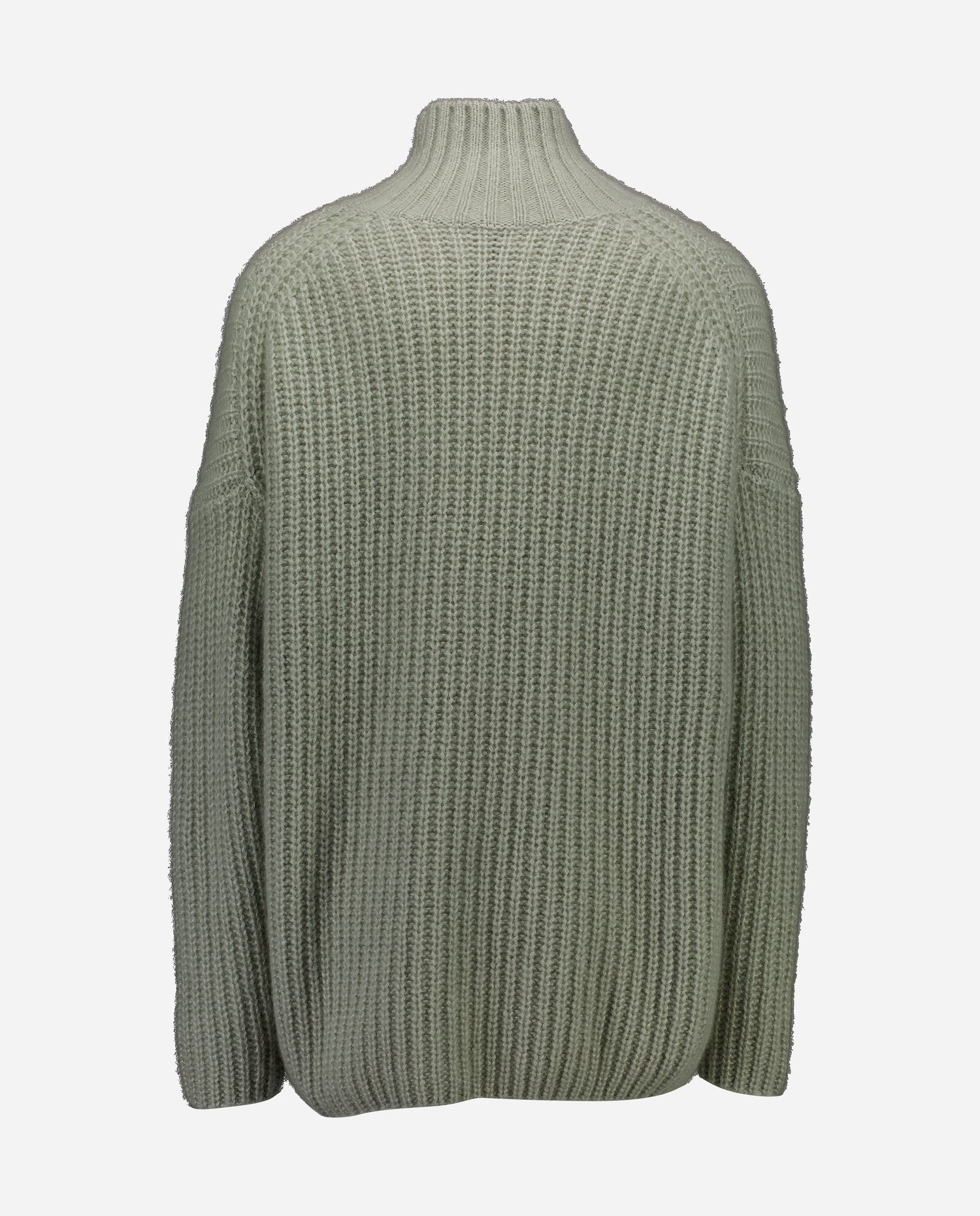 An oversized ribbed knit turtleneck sweater in a muted green grey color, shown from the back against a light gray background.