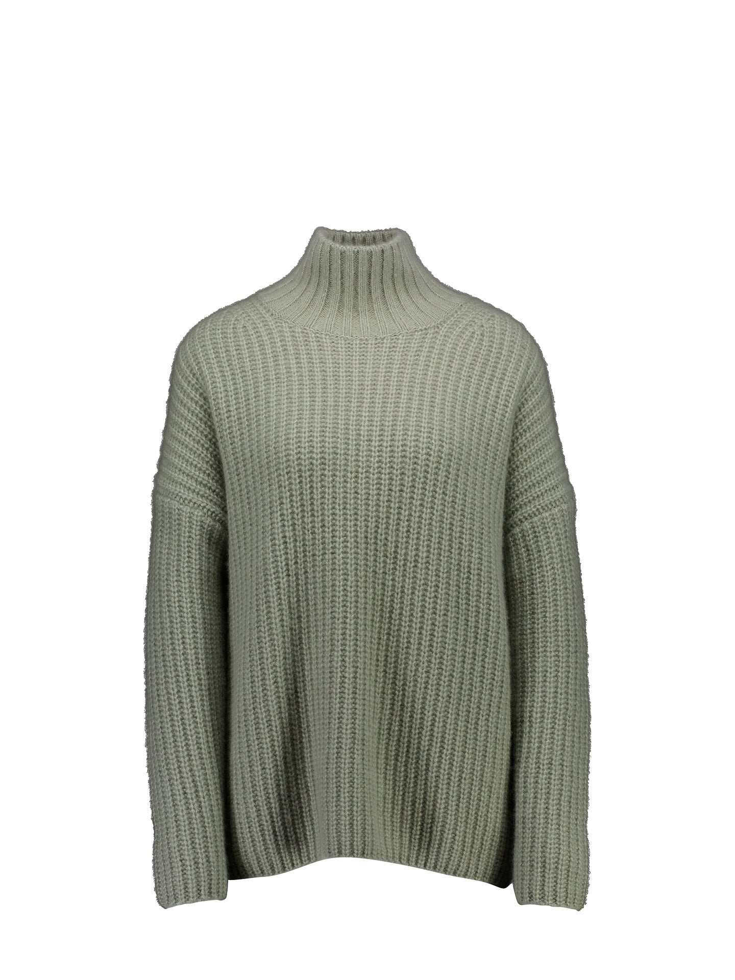 A ribbed knit turtleneck sweater in a muted grey green color, displayed against a plain white background.