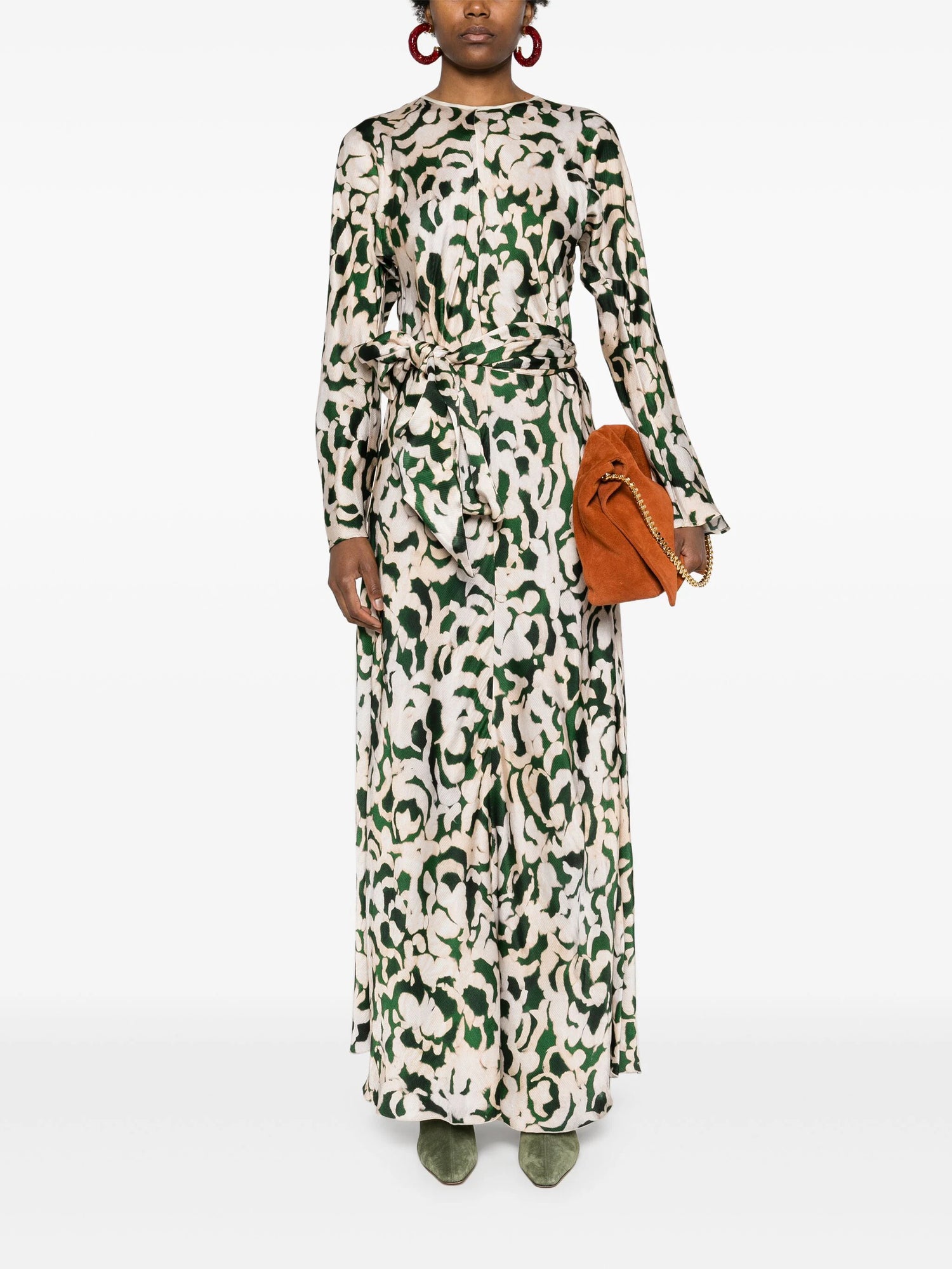 Rose alchemy print cloqu' satin long sleeves dress, malachite