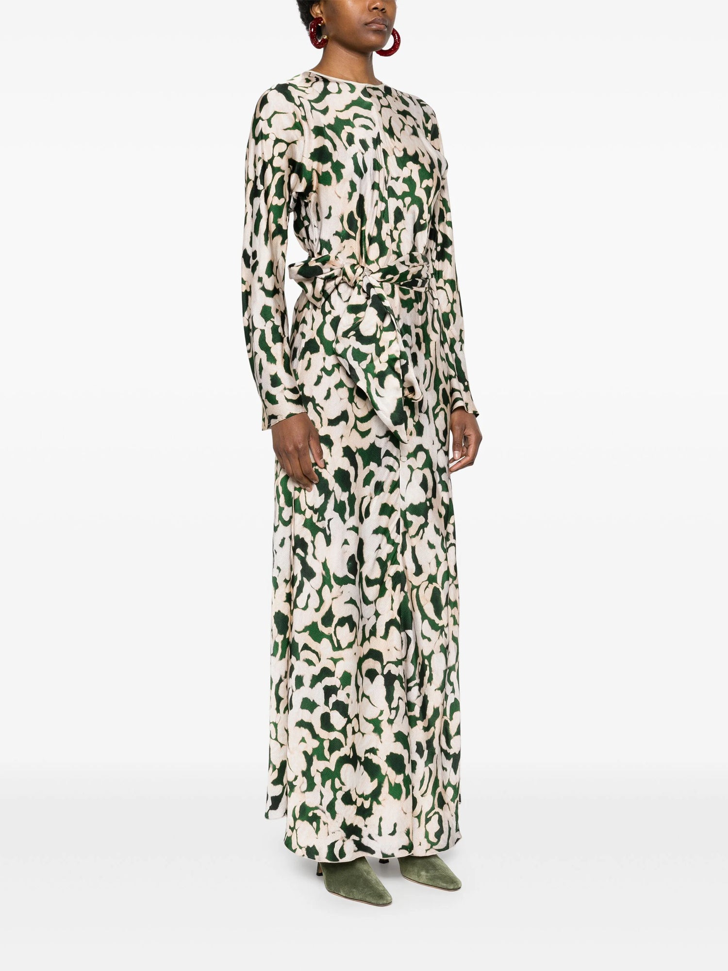 Rose alchemy print cloqu' satin long sleeves dress, malachite