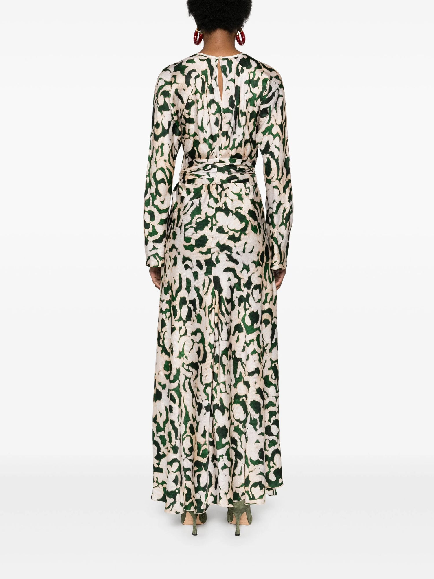 Rose alchemy print cloqu' satin long sleeves dress, malachite