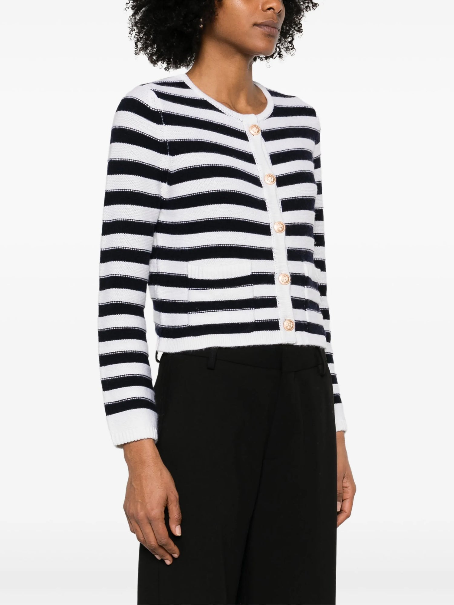 Round neck stripe cardigan w/ golden buttons, white-dark blue