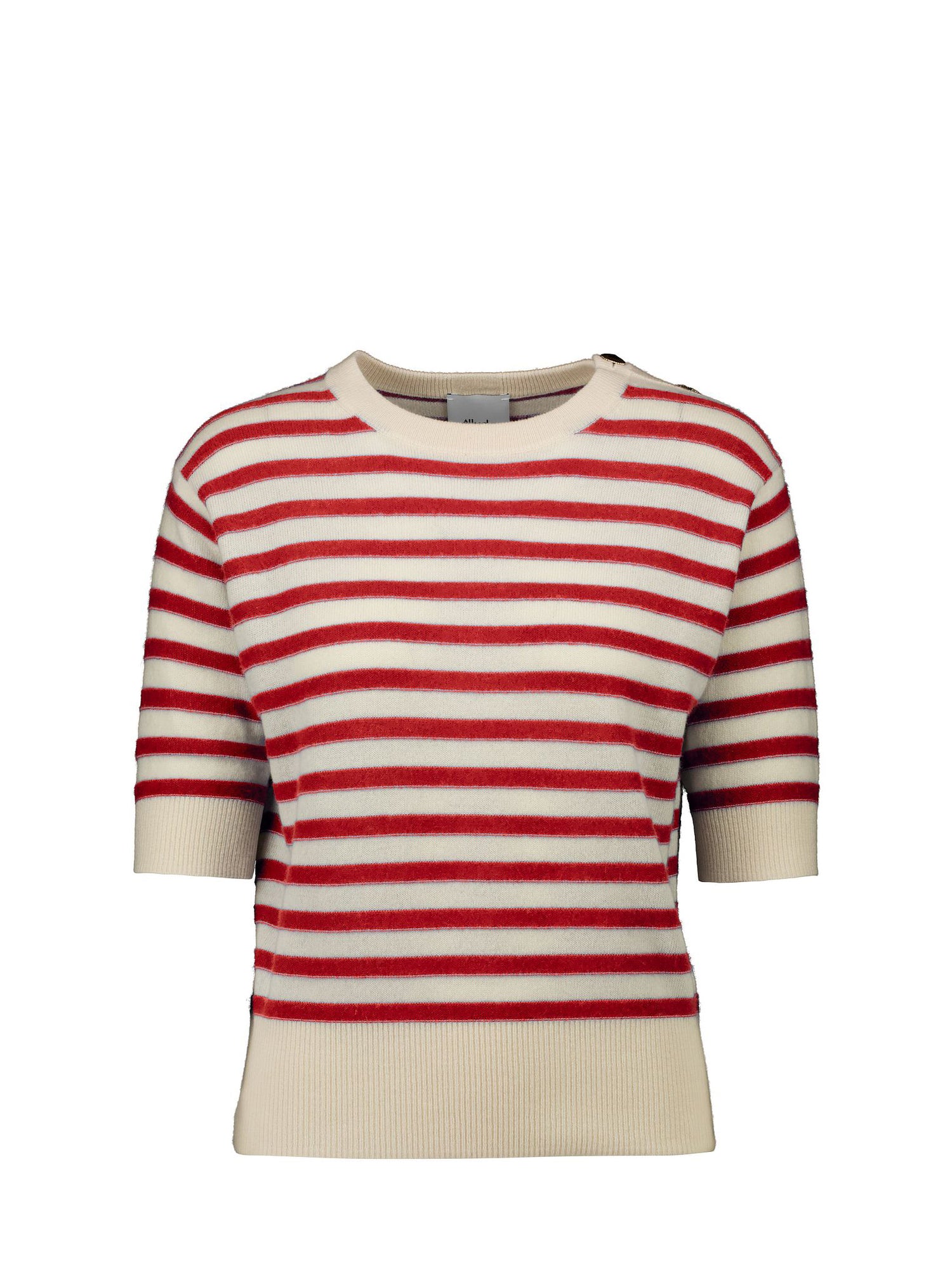 Round neck stripe sweater w/short sleeves, oat milk - red