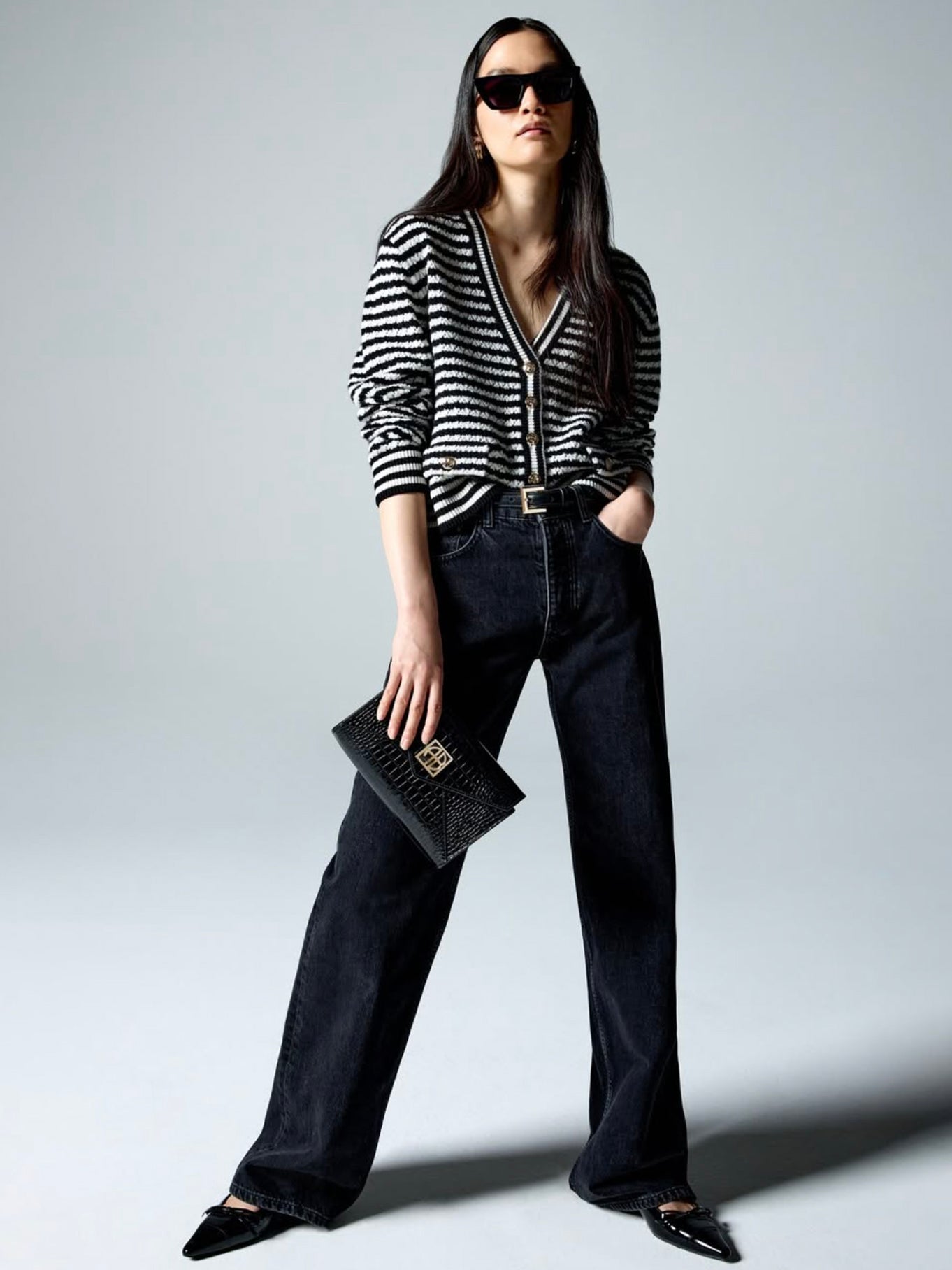 Gwen cardigan, black and ivory stripe