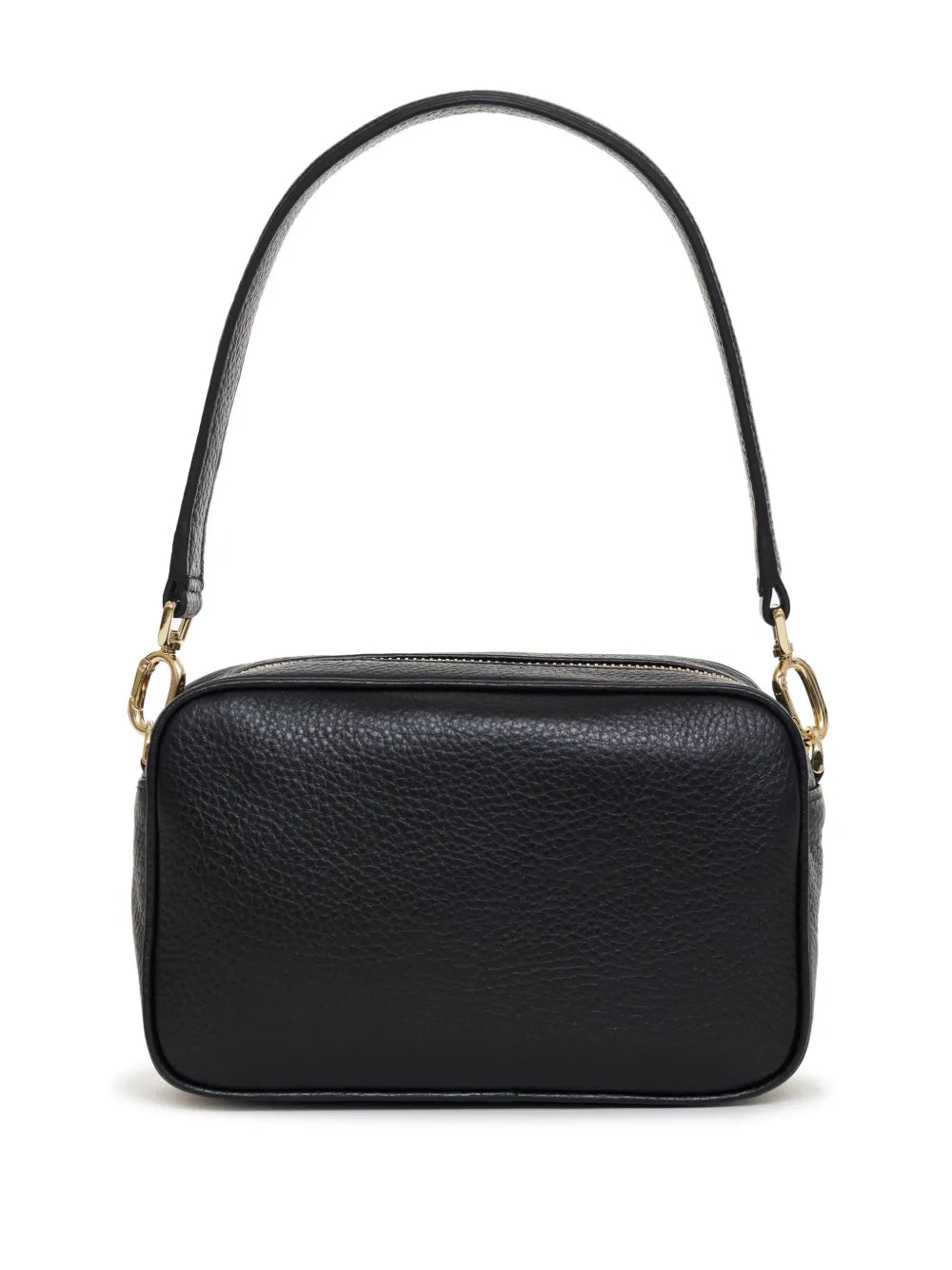 Black leather handbag with a strap on a white background
