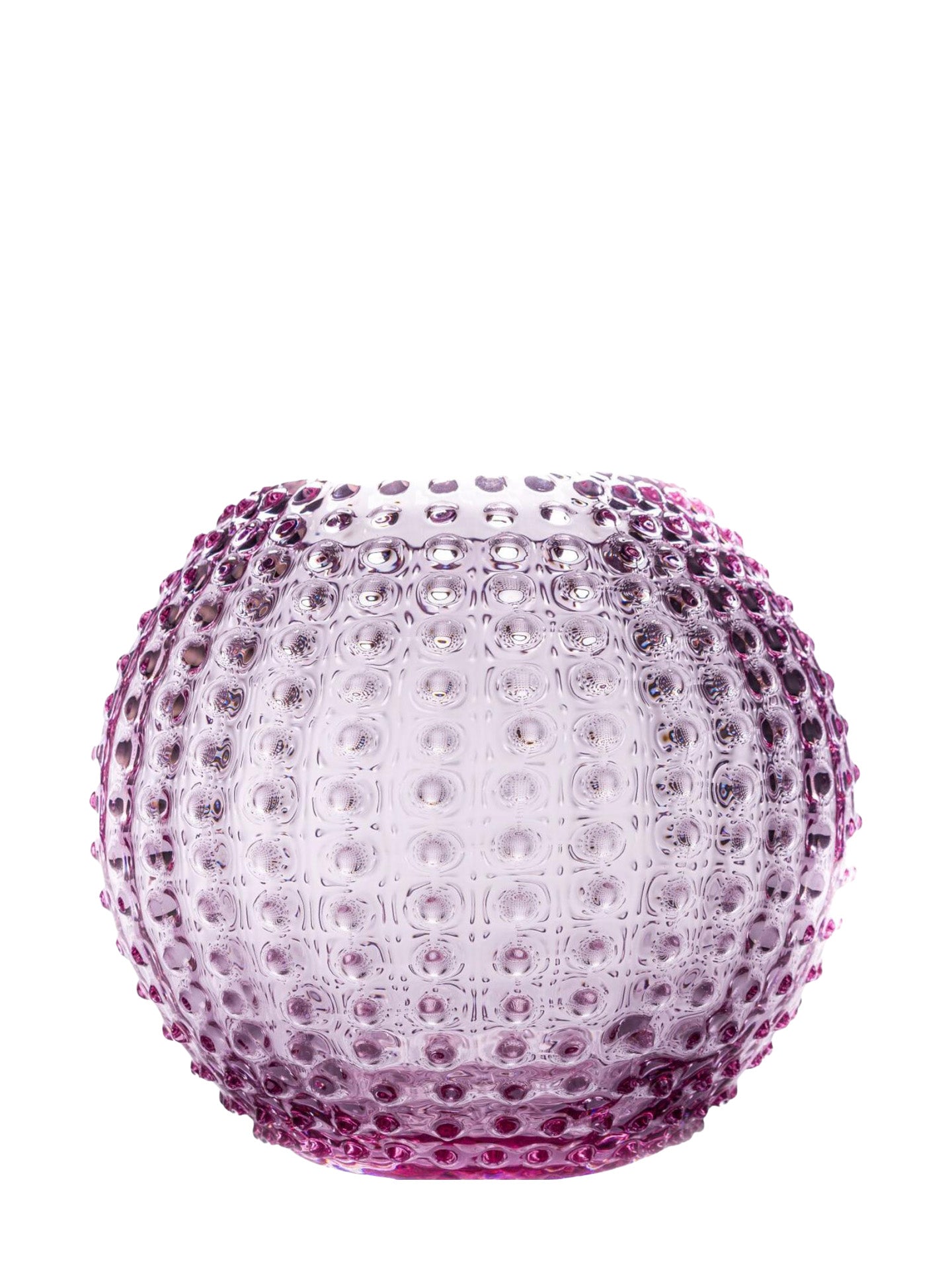 Large round glass vase in amethyst purple glass with a textured surface on a white background