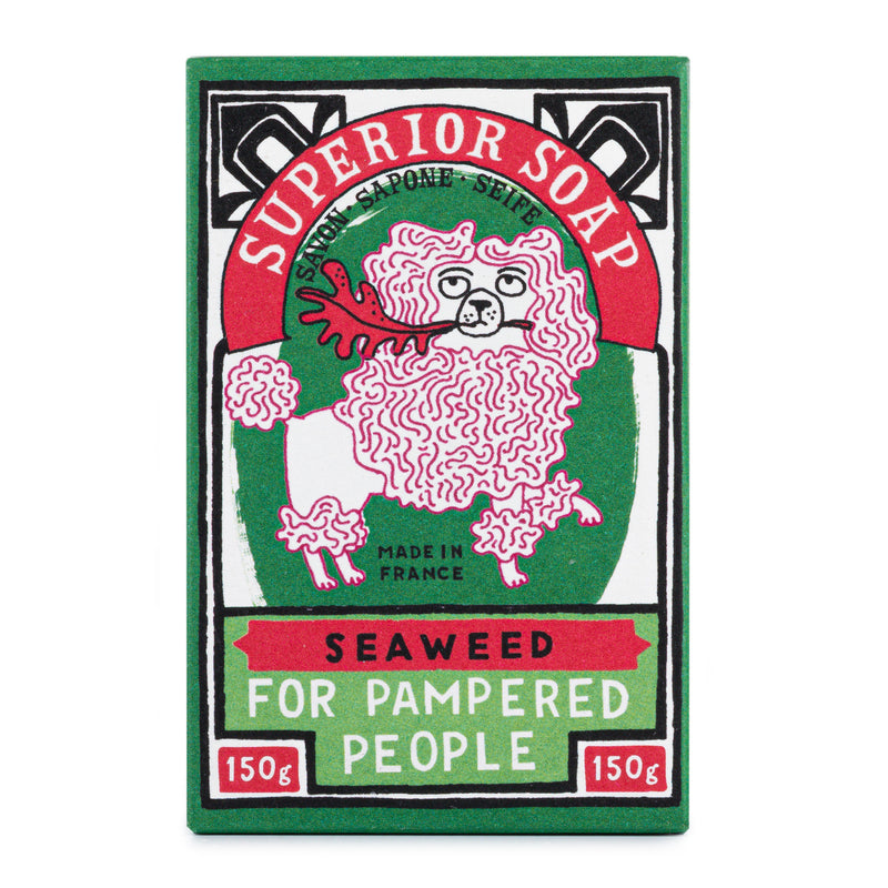 Packaging of Seaweed Hand Soap featuring a graphic design with a seaweed element and text indicating the product is for 'PAMPERED PEOPLE', 150g.