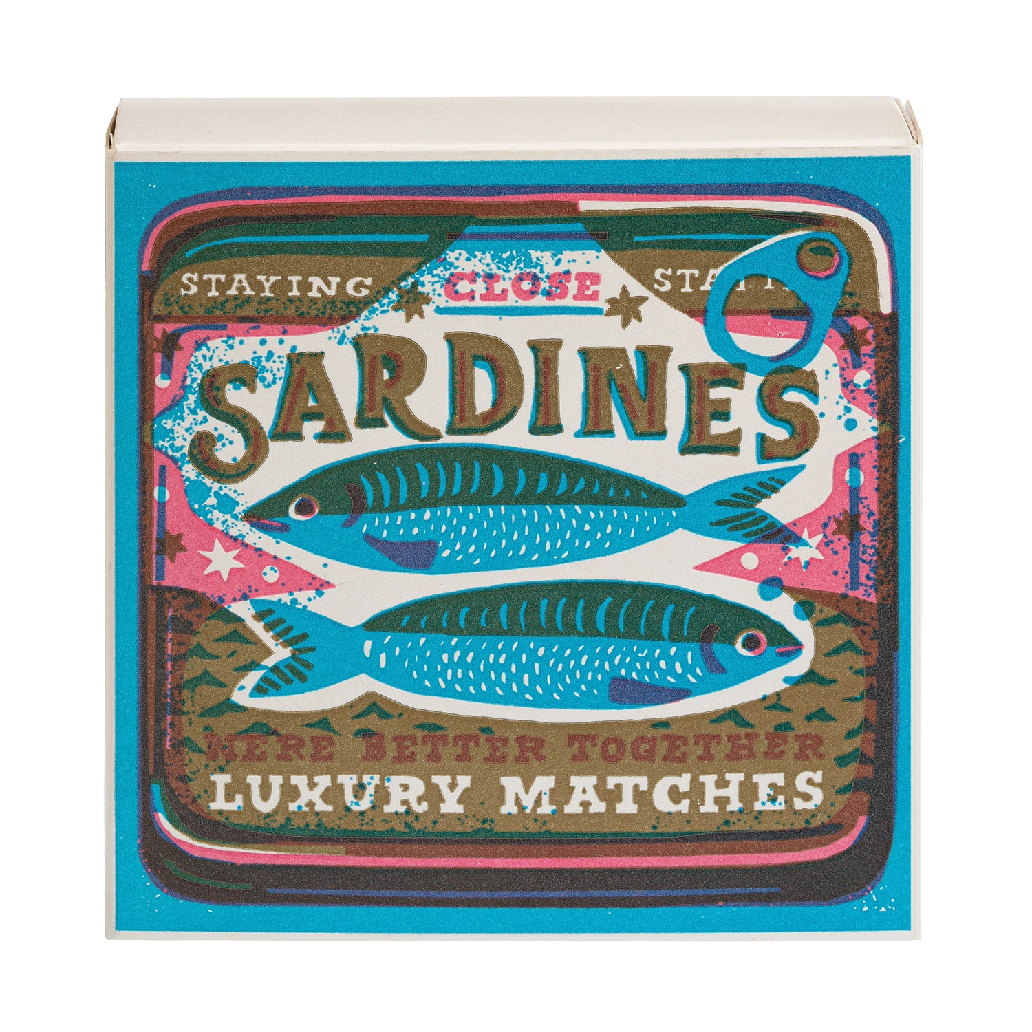 Box of matches with sardine design and text on a white background