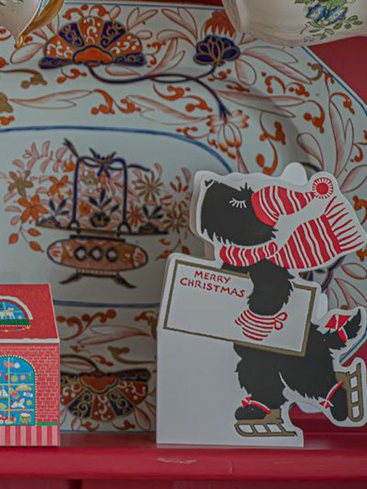 Skating scotty dog shape cut, Christmas card