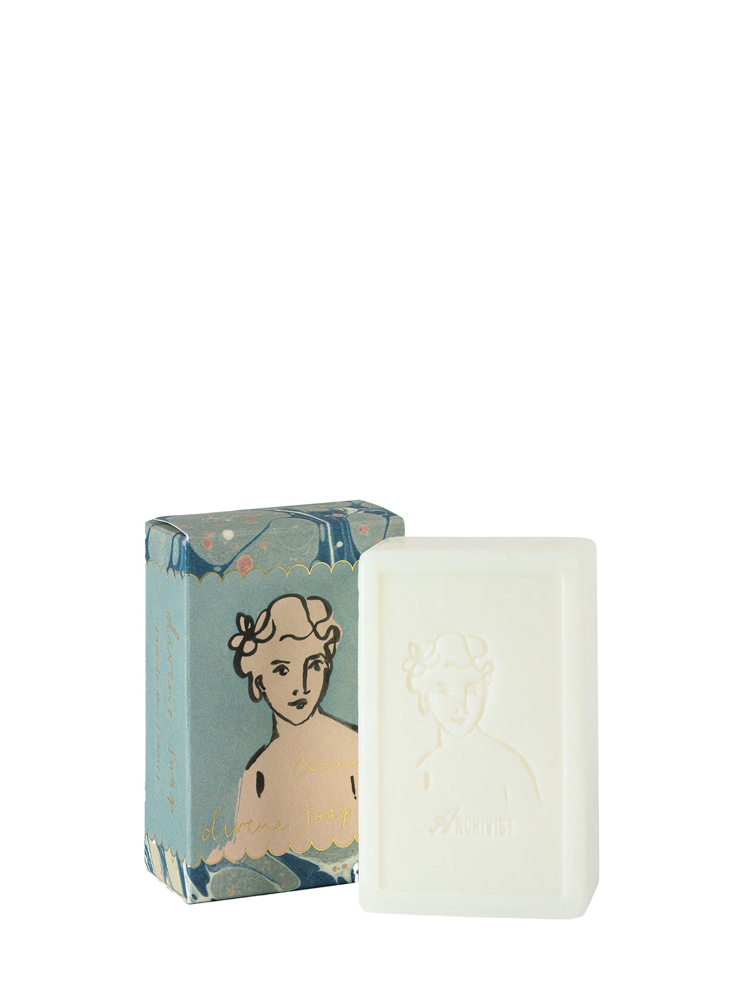 Bar of soap with a decorative box featuring an illustration on a white background