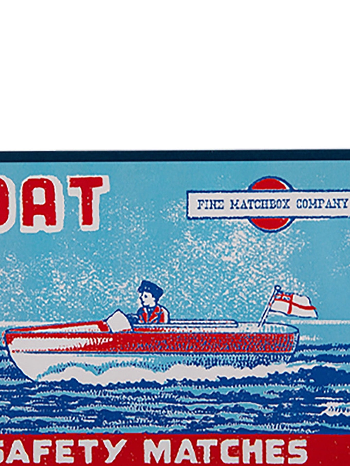 Vintage matchbox packaging featuring a blue and red illustration of a speedboat on water, with the text 'FINE MATCHBOX COMPANY' and 'SAFETY MATCHES' in close-up picture