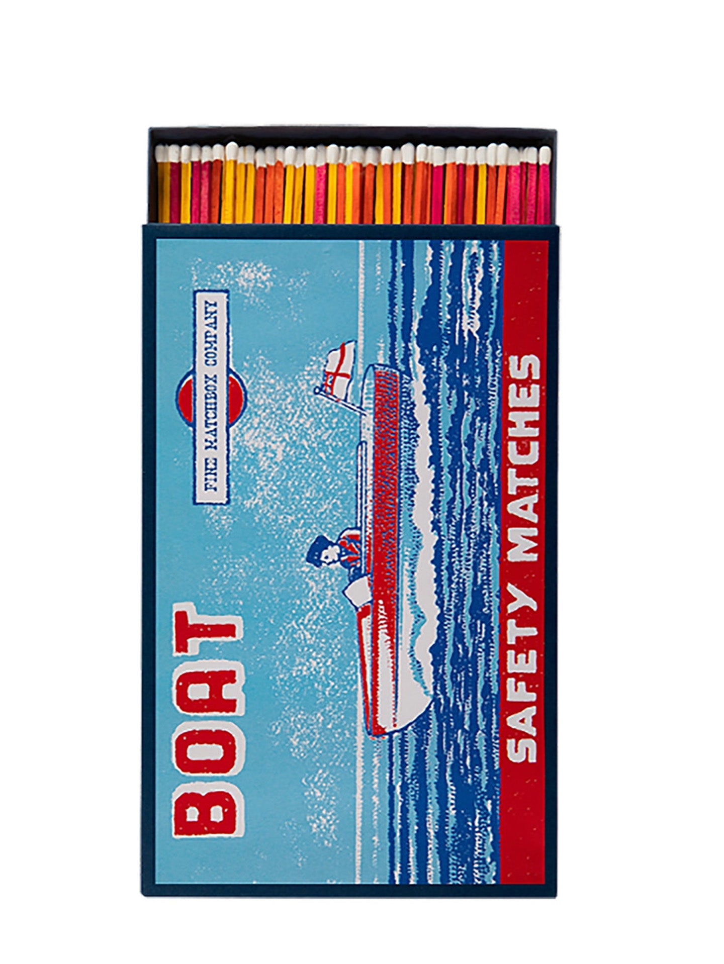 A vintage-style matchbox of Safety Matches, featuring a blue and red illustration of a boat on water with the word 'BOAT' and 'SAFETY MATCHES' printed on the front and red, pink, orange and yellow match sticks with white tips showing a little. 