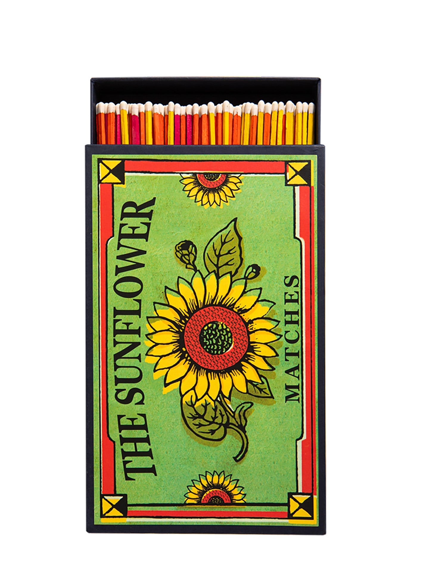 An open box of matches with a decorative sunflower illustration on the front. The matchbox is light green with red and yellow border accents, black text reading 'THE SUNFLOWER' and 'MATCHES', and a large sunflower illustration in the center and smaller ones on the sides. Multiple red, orange and yellow match sticks with white tips is showing from the little opening.