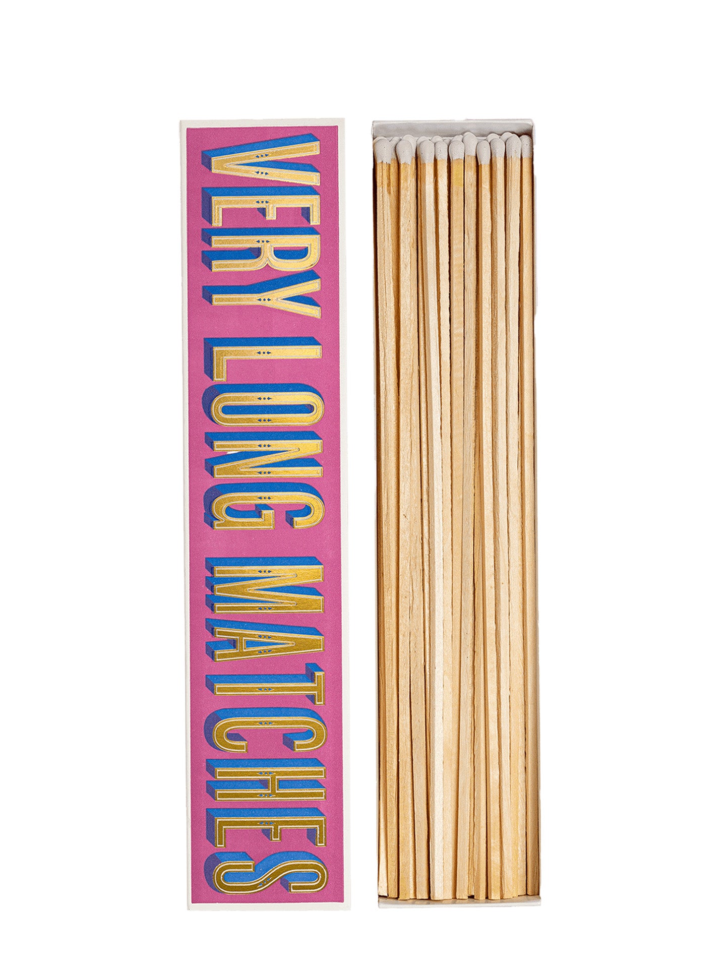 A long novelty matchbox featuring a tall pink label with the words 'VERY LONG MATCHES' in large golden letters outlined in blue, shown next to the inside of the matchbox where there's several tinder sticks made of natural wood with white tips, photographed against a white background.