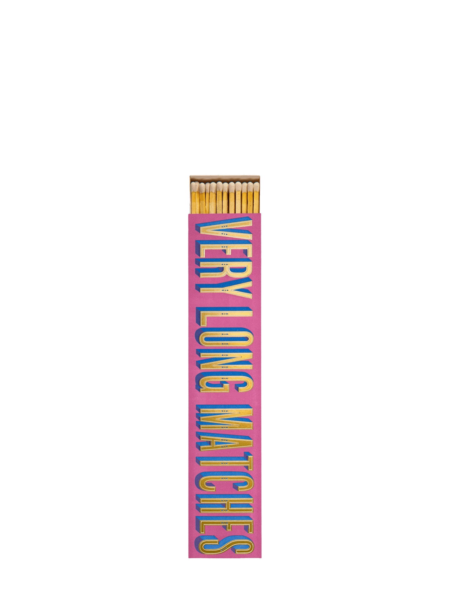 A novelty matchbox package labeled 'VERY LONG MATCHES' in large gold letters outlined in blue on a bright pink background, and yellow matches with white tips visible slightly from the open matchbox, pictured on a plain white background