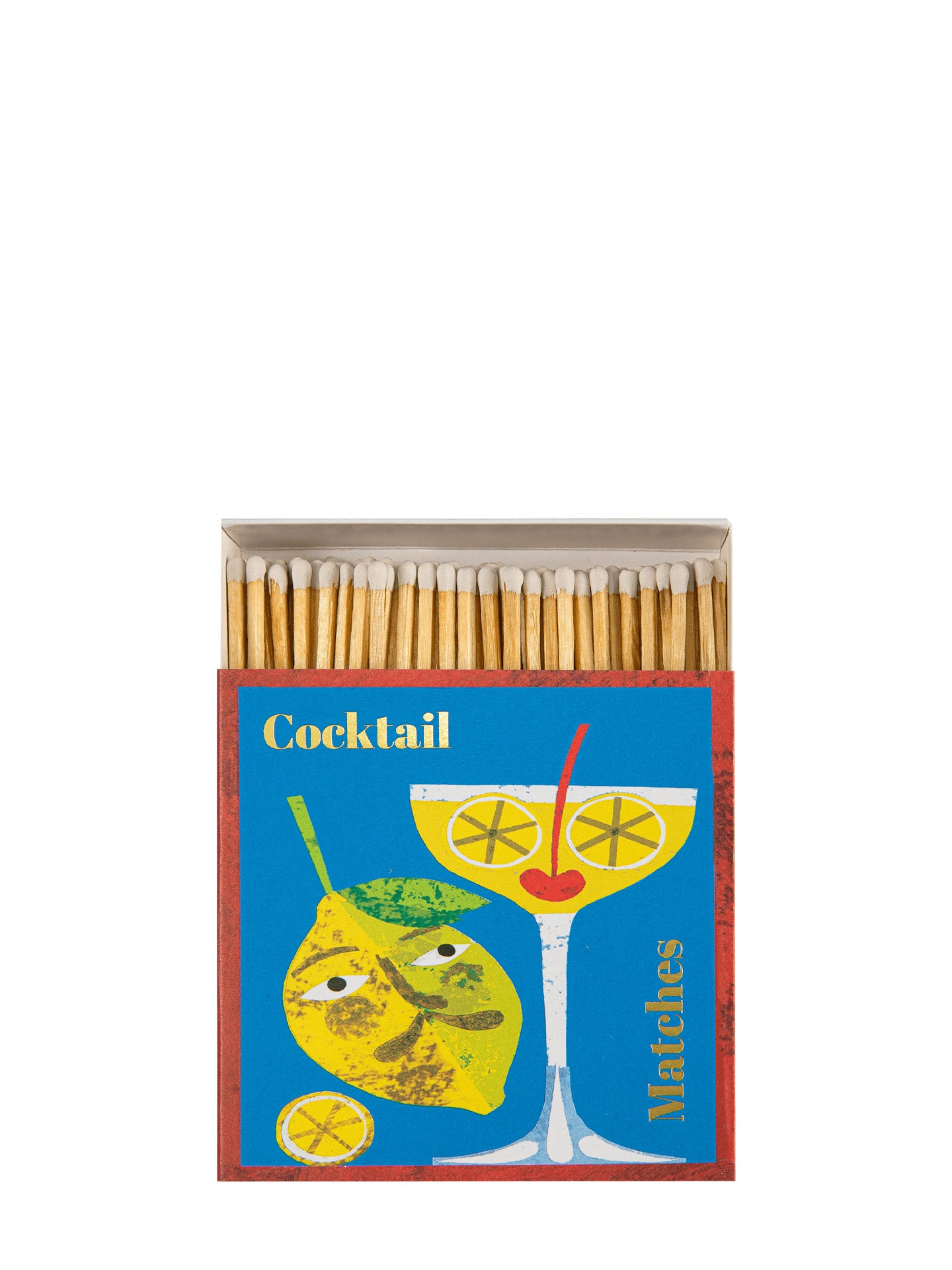 Matchbox with cocktail-themed design on a white background