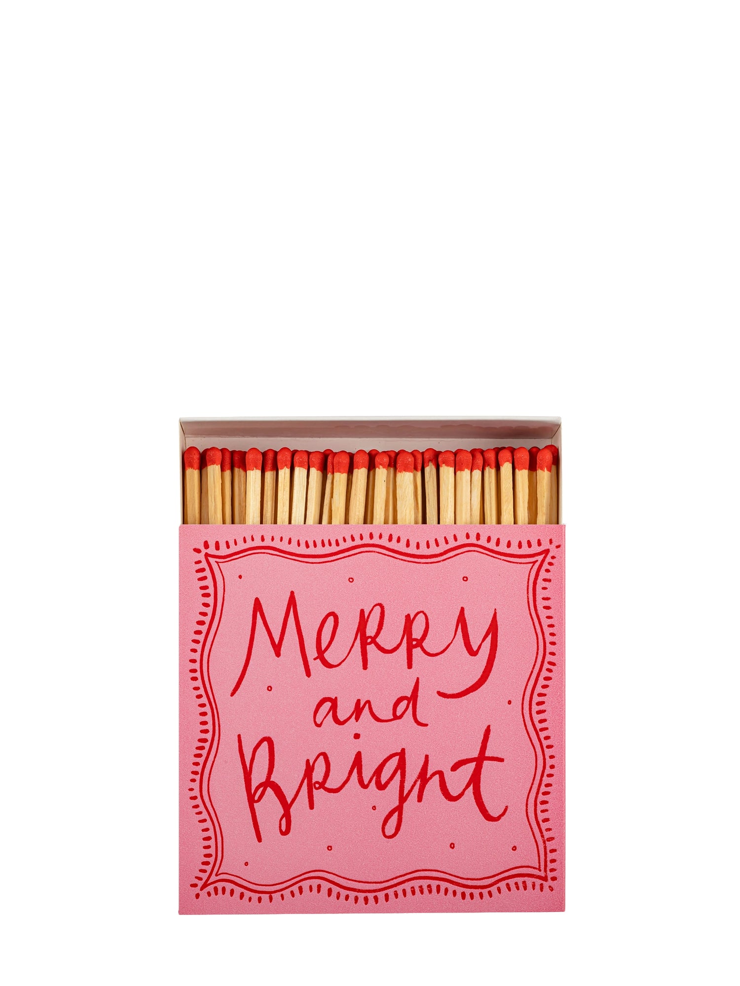 Matchbox with 'Merry and Bright' text on a white background