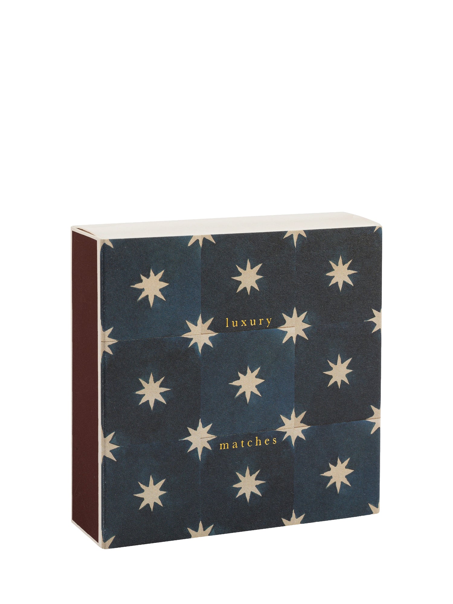 Box of matches with star pattern and 'luxury matches' text on a white background