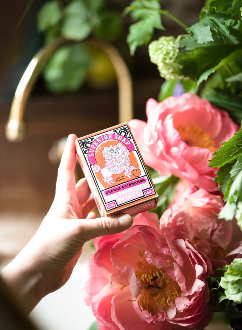 Hand holding a pink box with floral design in front of pink flowers