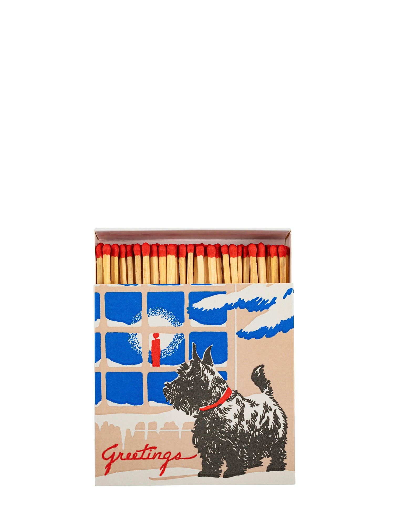 Matchbox with a dog illustration and 'Greetings' text on a white background