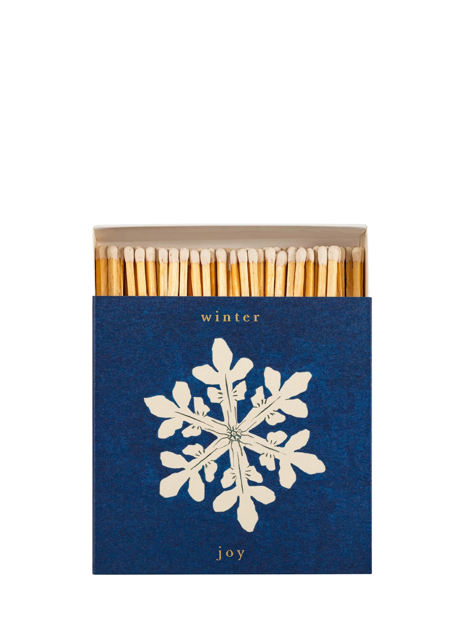 Matches with a blue box featuring a snowflake design and the text 'winter joy' on a white background.