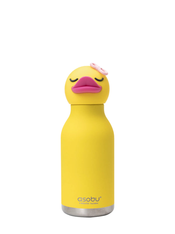 Yellow duck-shaped water bottle with a pink bow on a white background, featuring the Asobu brand.