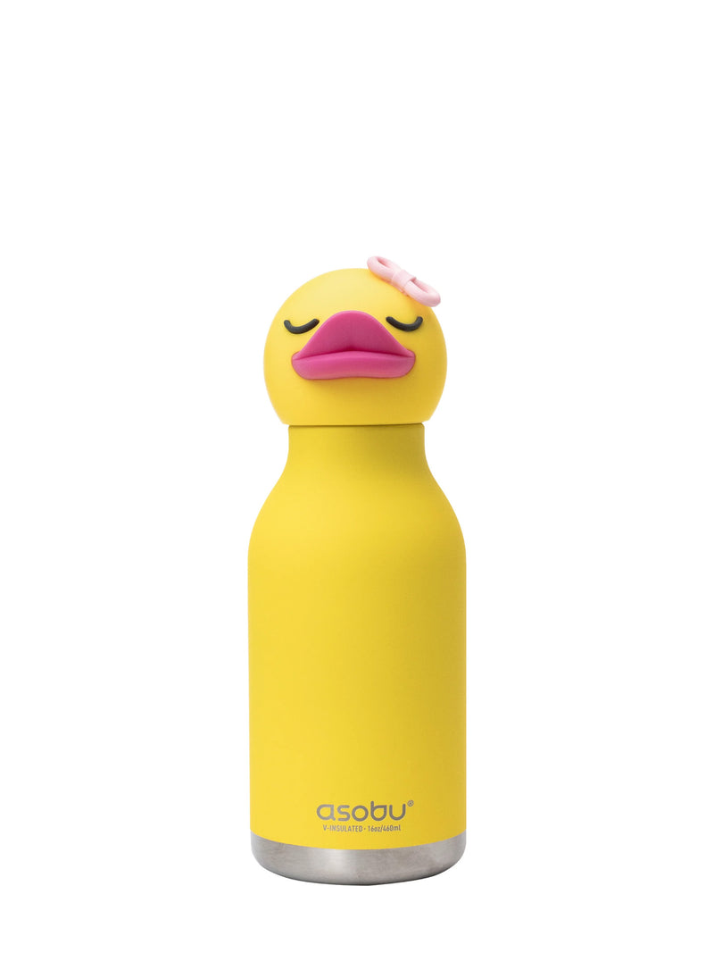 Yellow duck-shaped water bottle with a pink bow on a white background, featuring the Asobu brand.
