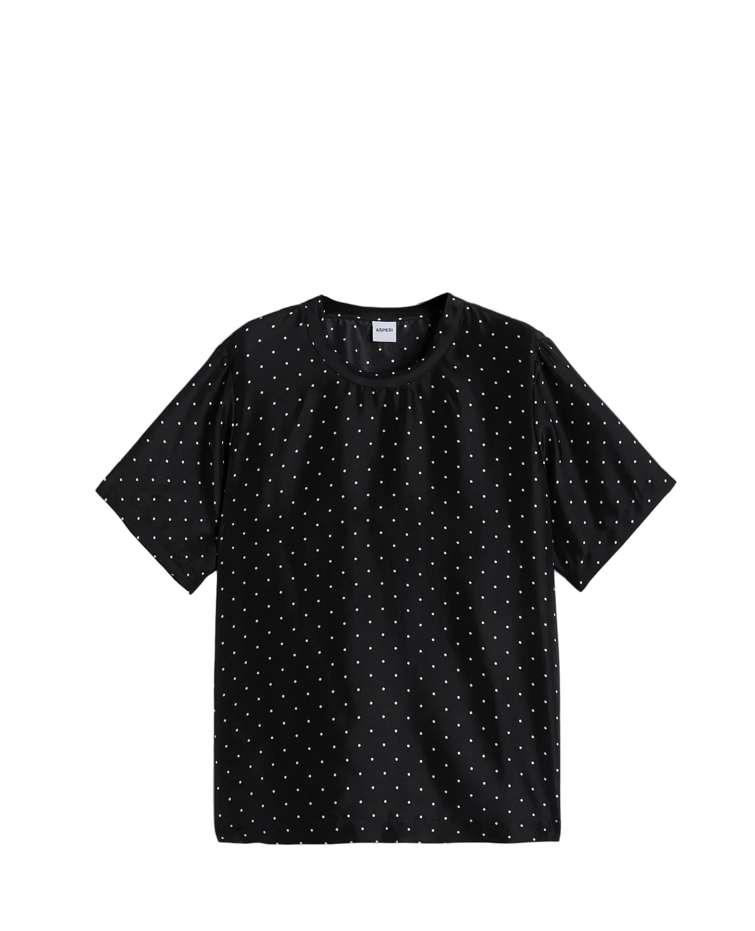 Black t-shirt with white dot pattern on a light gray background