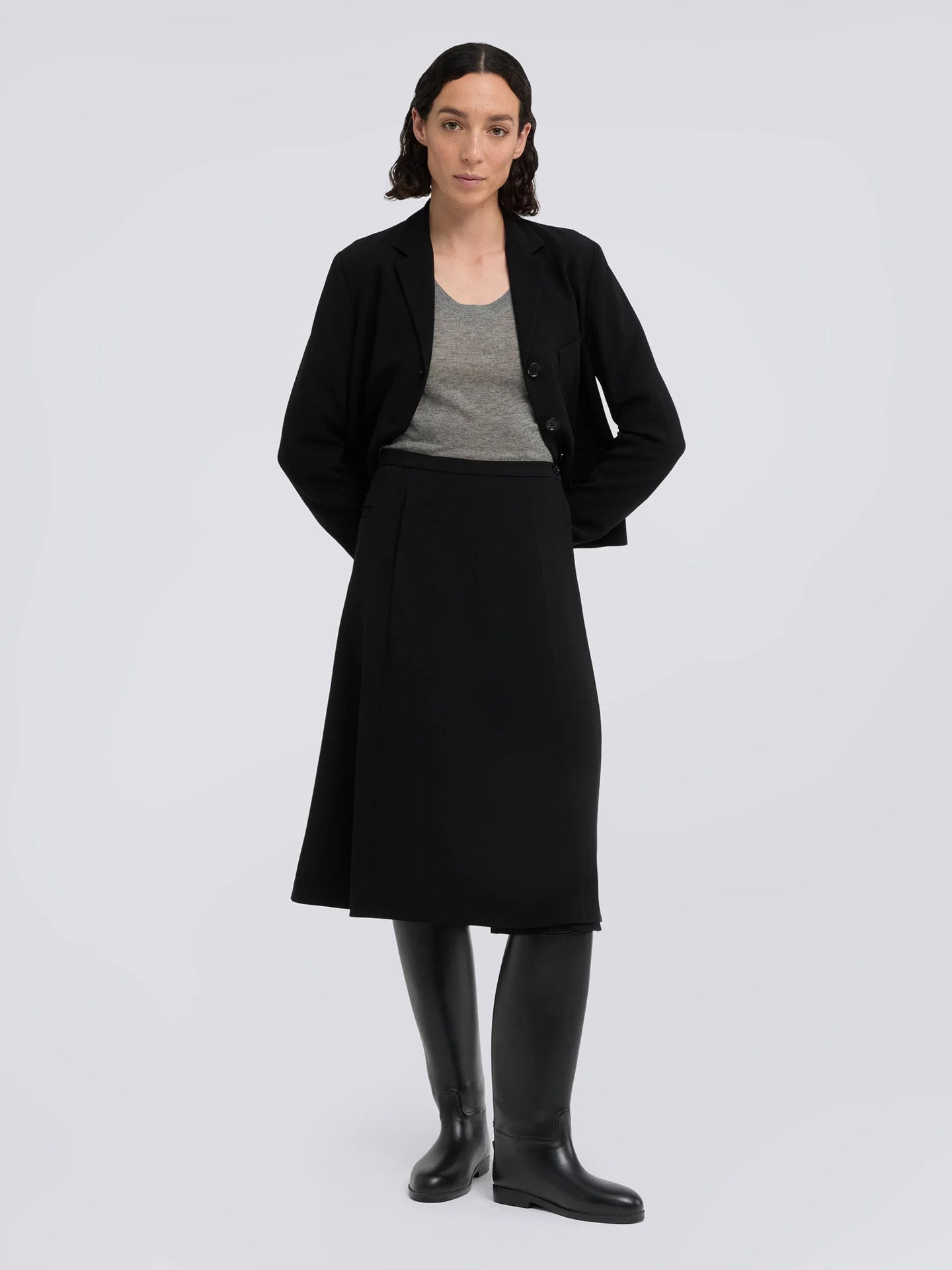 Cady flared crepe wrap skirt, black