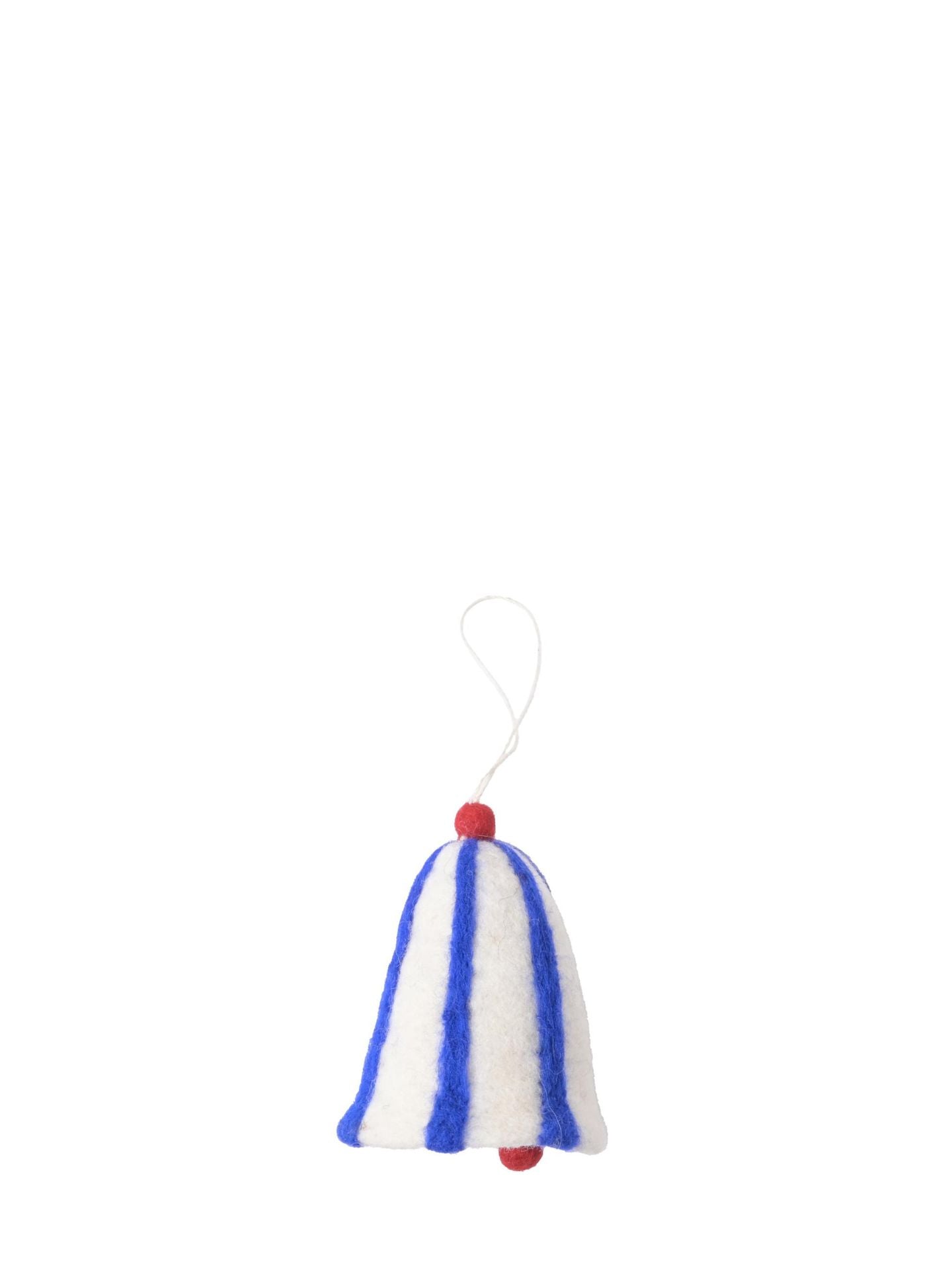 Decorative hanging ornament with blue and white stripes and red accents on a white background