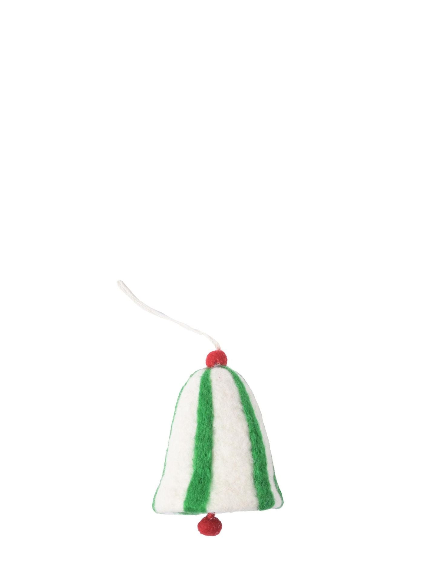 Decorative bell with green and white stripes and red accents on a white background