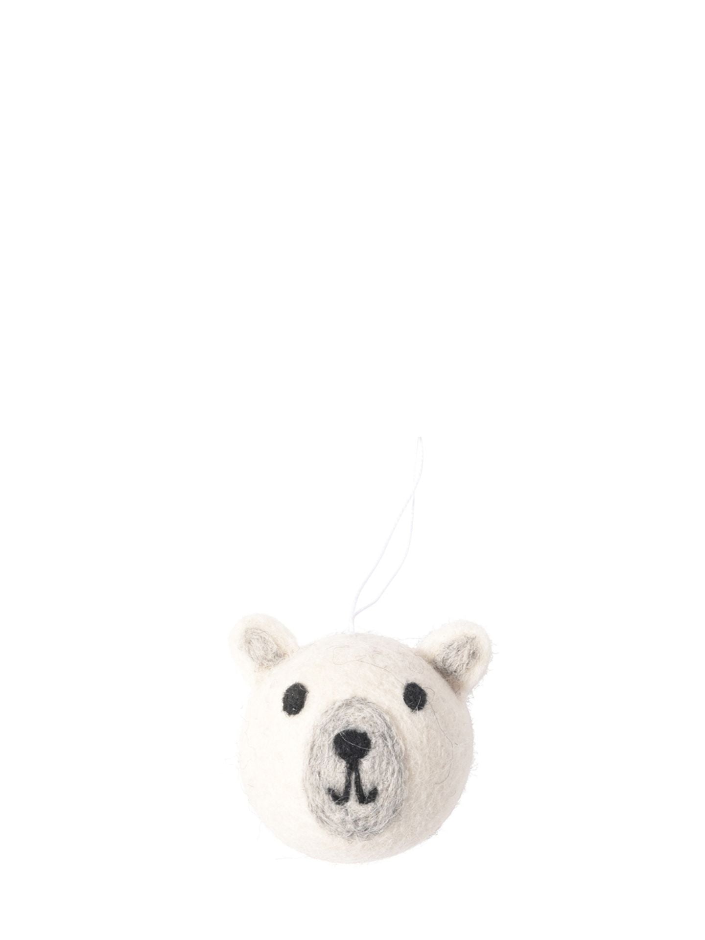 Knitted polar bear head ornament on a white background