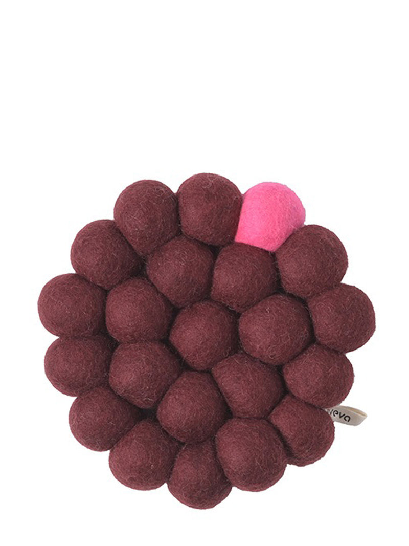 Bold round felted wool trivet, burgundy red