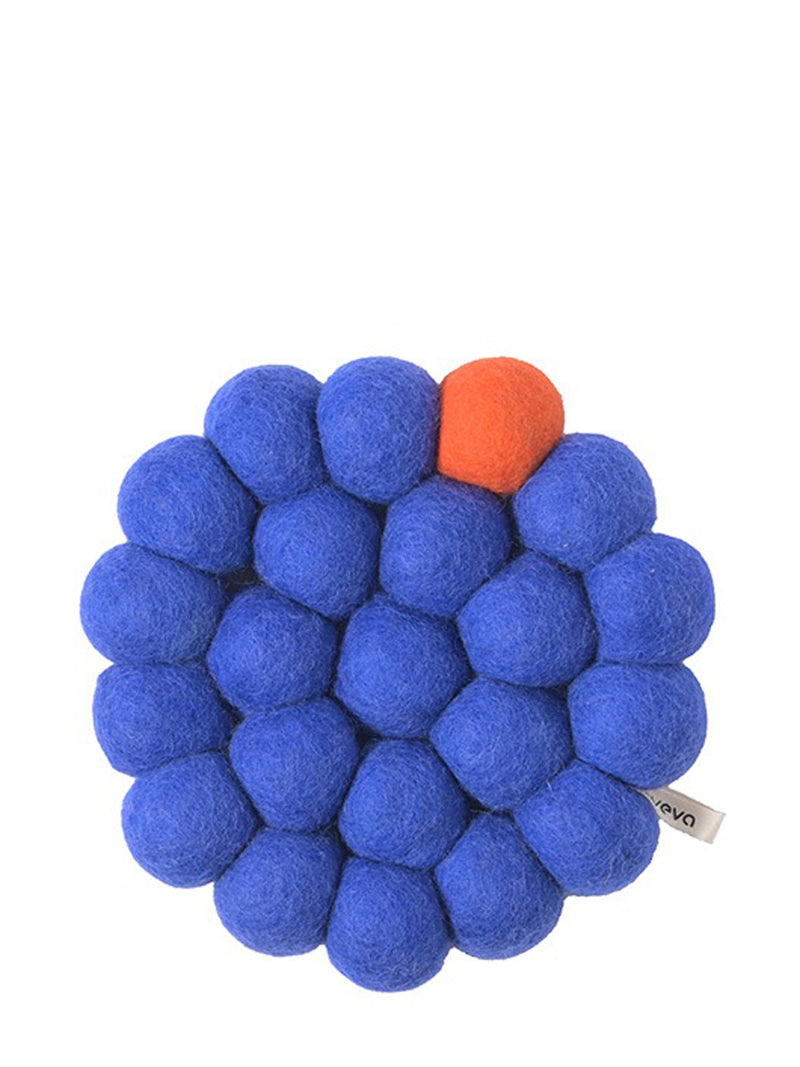 Bold round felted wool trivet, electric blue