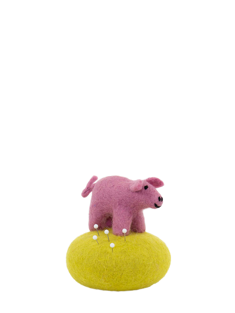 Pink felted pig on a yellow ball. Pincushion.