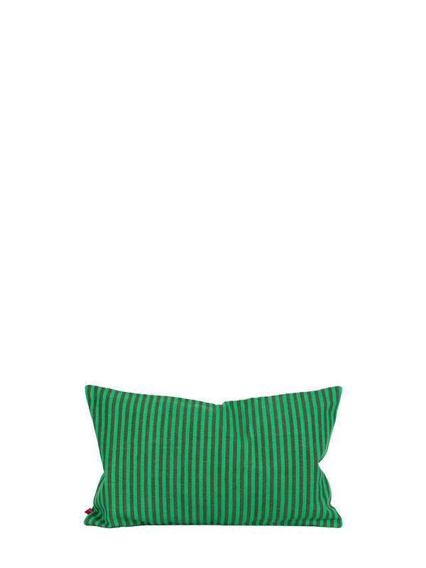 A rectangular throw pillow with vertical green and teal stripes, shown against a solid white background.
