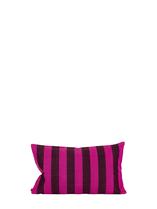 A rectangular throw pillow with vertical stripes in vibrant magenta pink and dark purple, shown against a plain white background.