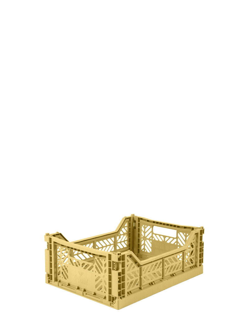 Easy to fold when not in use, the Aykasa medium size plastic storage crate in Gold can be stacked on top of each other and the colour range has a perfect hue for any room.