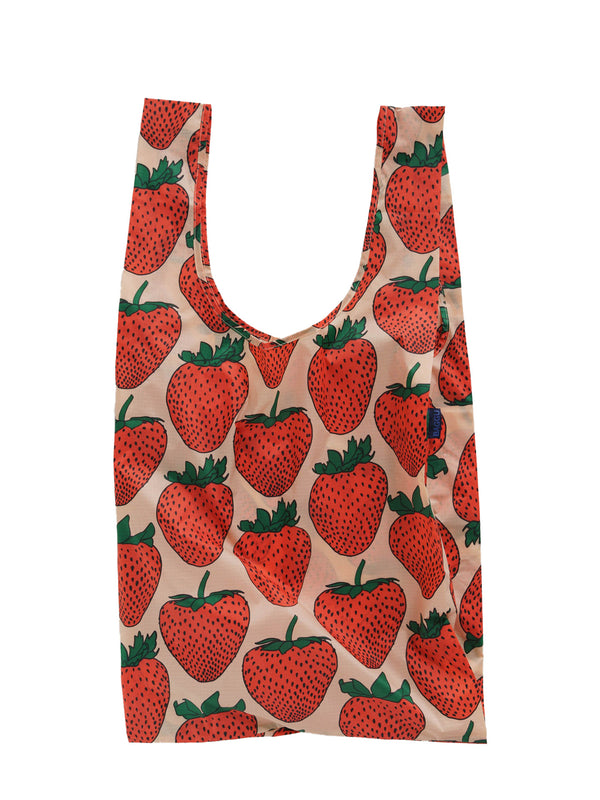 Reusable shopping bag with strawberry pattern on a beige background