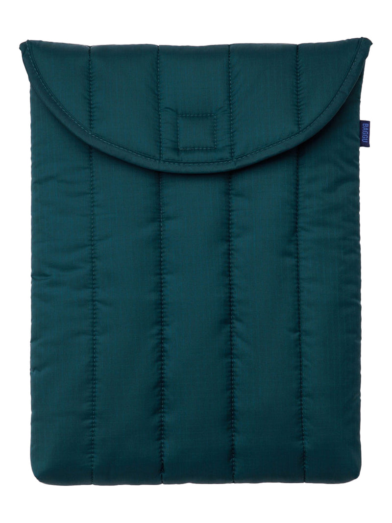 Teal quilted pouch with a brand label on a white background