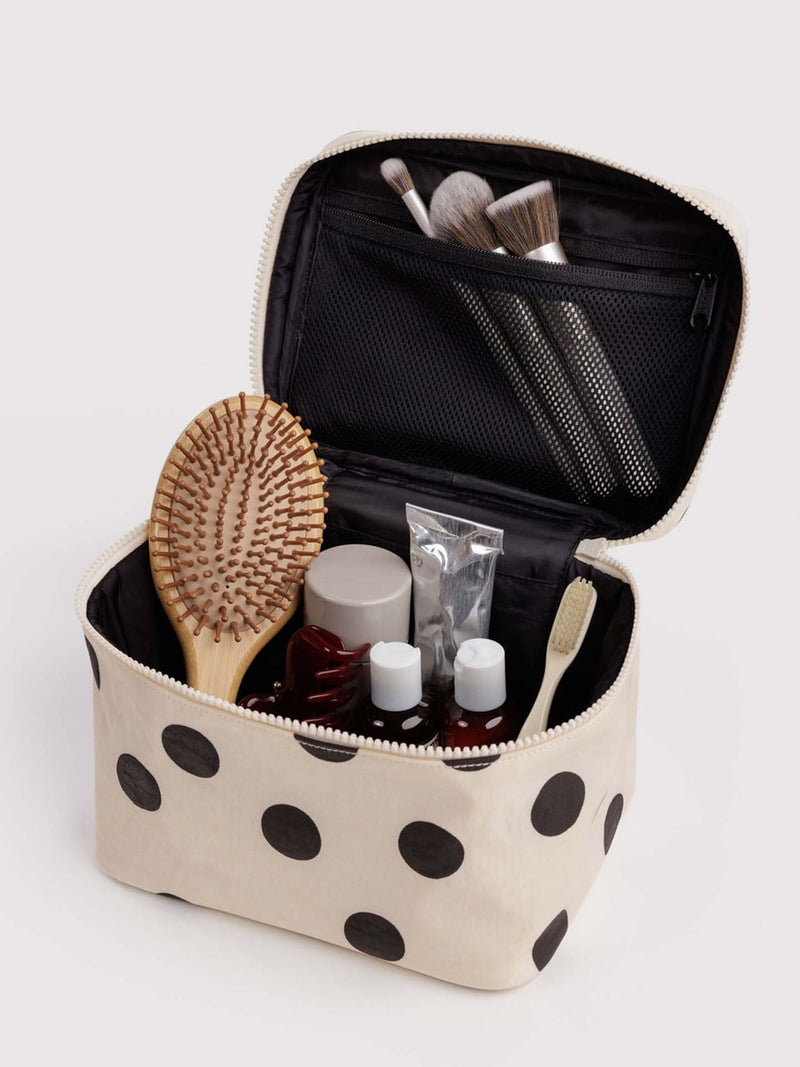 Large cosmetic case, cream & black polka dot
