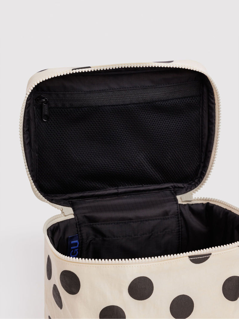 Large cosmetic case, cream & black polka dot