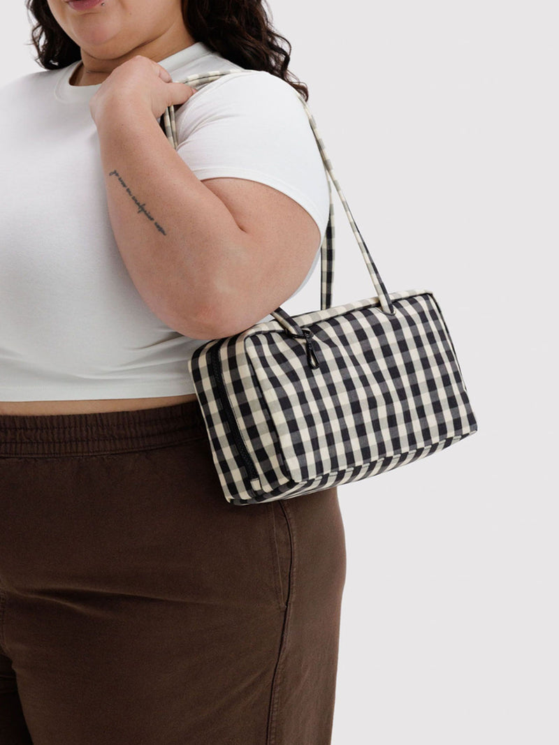 Nylon bowler bag, black & cream gingham