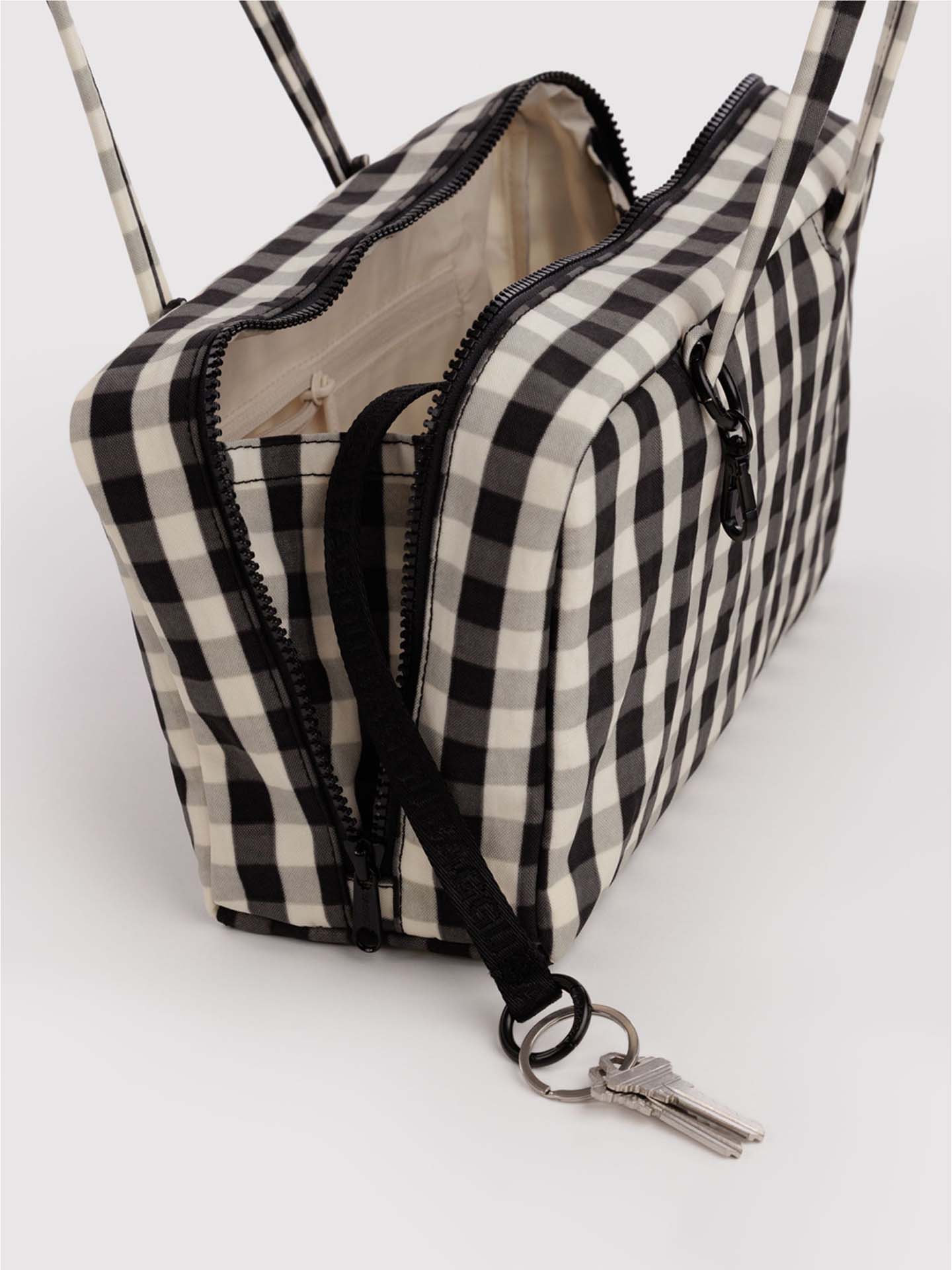 Nylon bowler bag, black & cream gingham