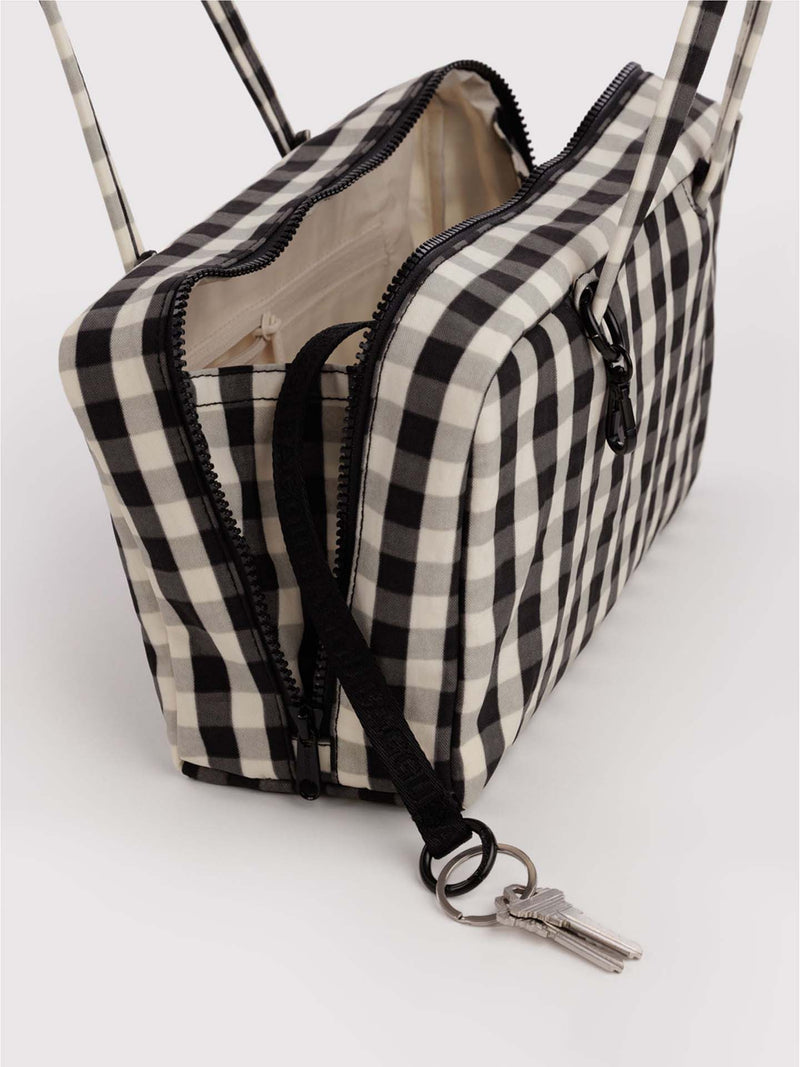 Nylon bowler bag, black & cream gingham