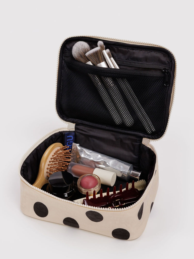 Small cosmetic case, cream & black polka dot