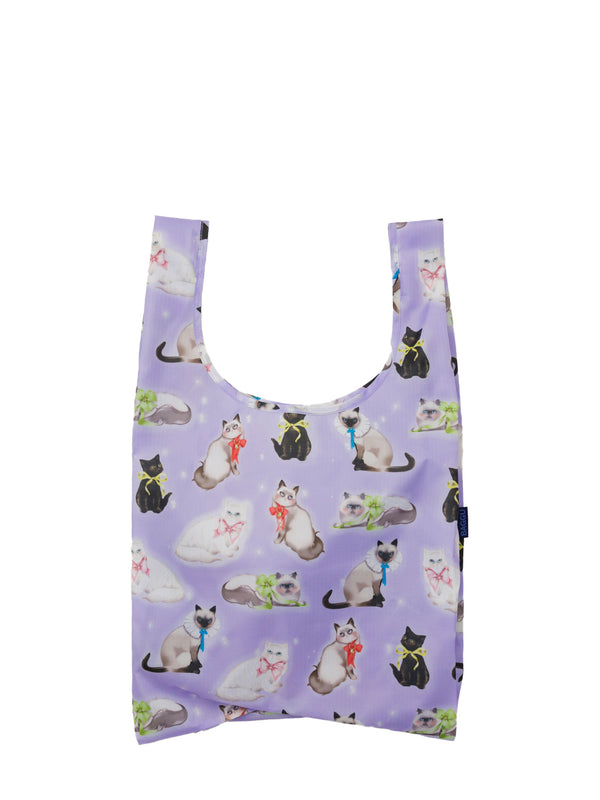 Foldable shopping bag with cat pattern on a purple background