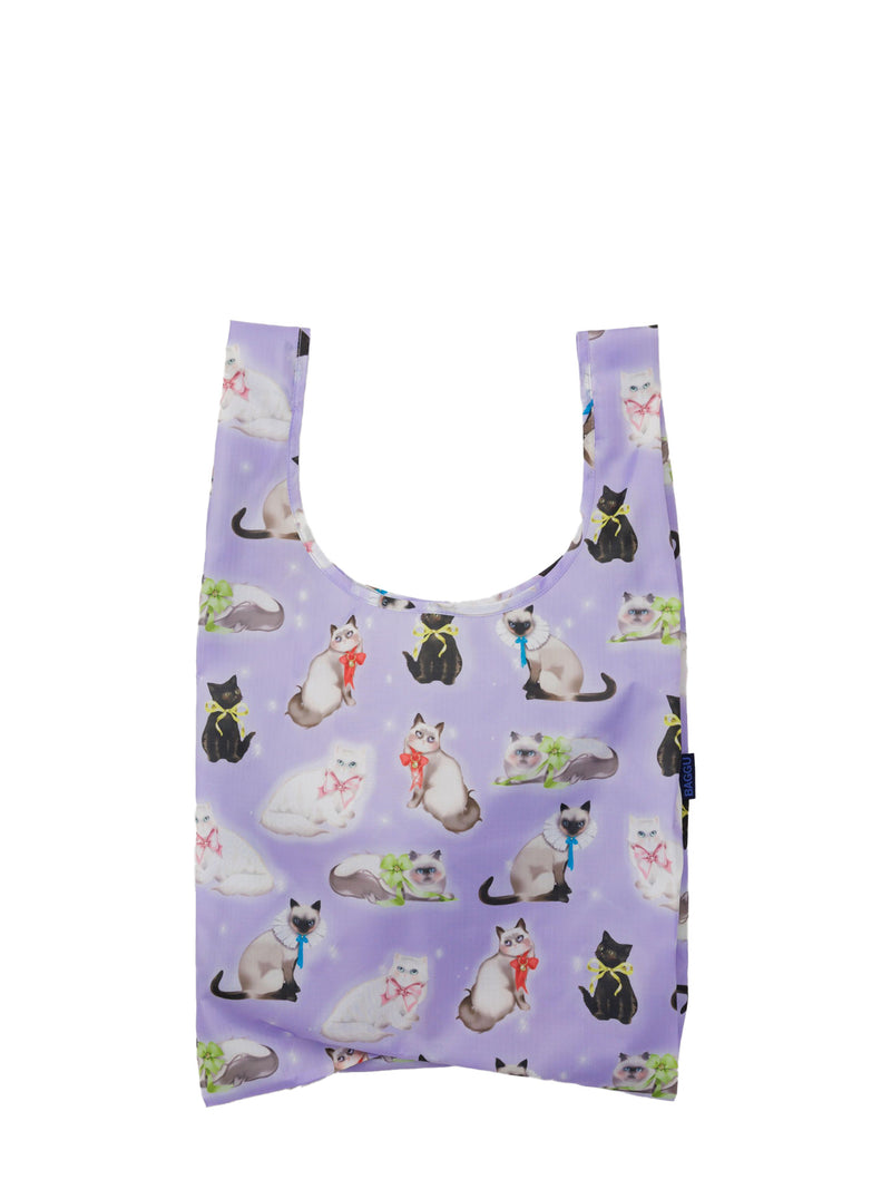 Foldable shopping bag with cat pattern on a purple background
