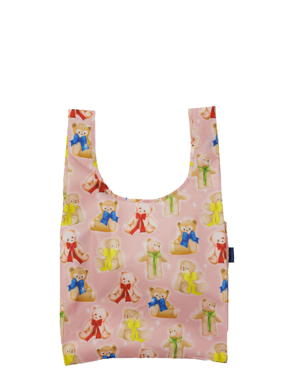 Reusable shopping bag with teddy bear pattern on a pink background