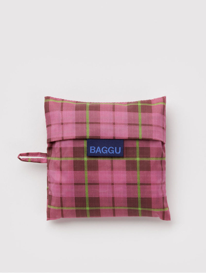 Standard Baggu shopping bag, azalea pink tartan